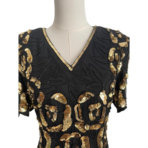 VTG. Stenay Black Gold Beaded‎ Silk Top S Sequin Evening Cocktail Blouse Glam - Picture 3 of 11